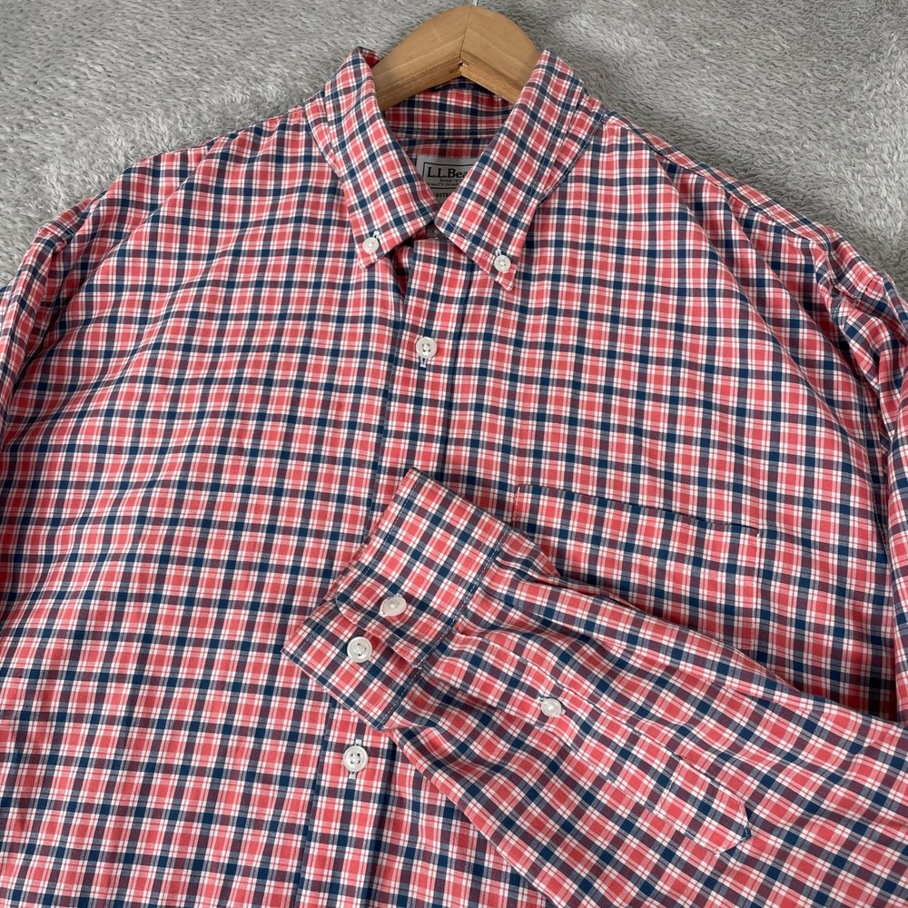 L.L. Bean Button Down Shirt Mens Large Red Blue Plaid Traditional Fit Outdoor - Picture 2 of 10